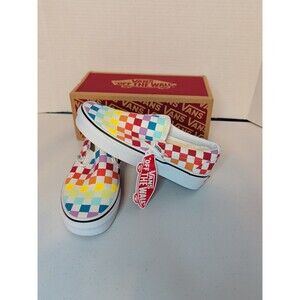 Vans Unisex Slip-On Rainbow Checkerboard Black & White Shoes Women's 5 Men's 3.5